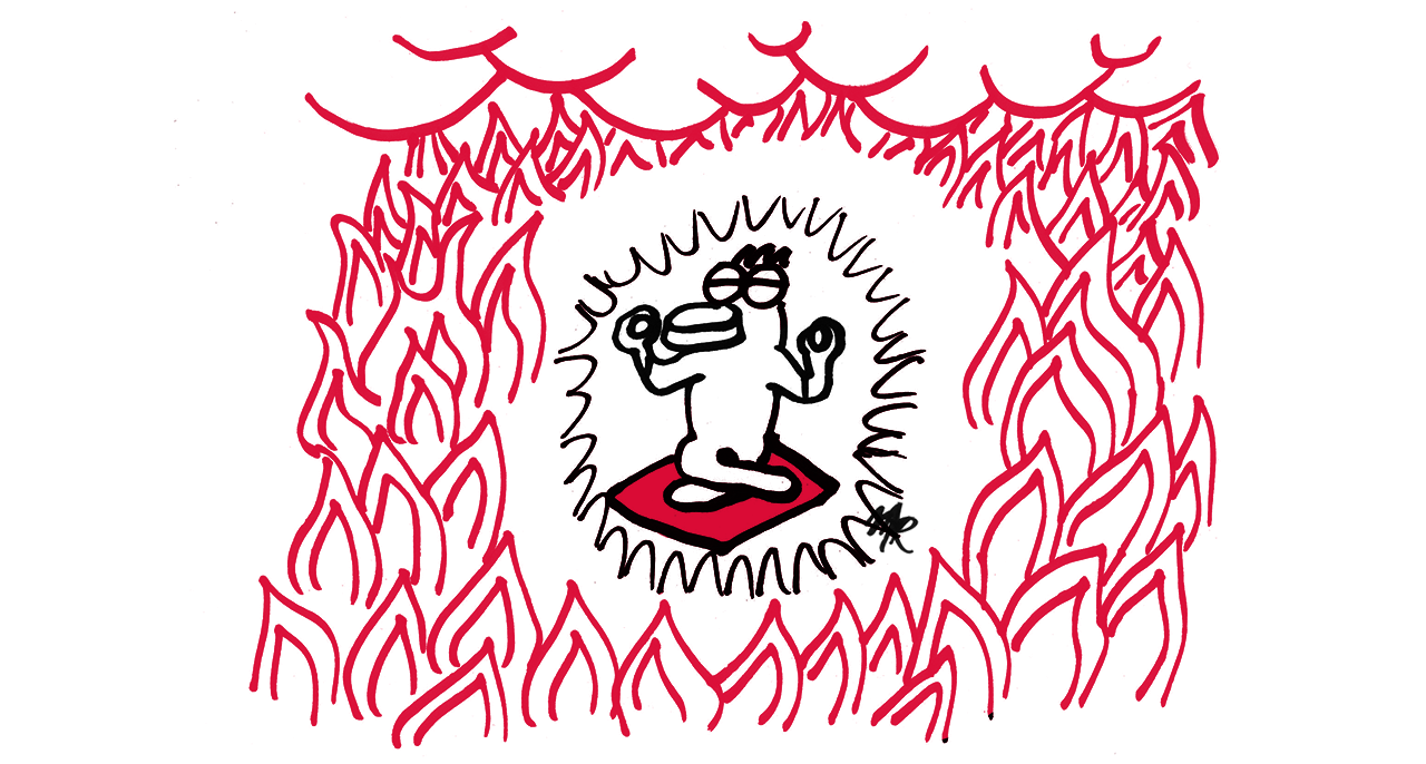 Brand building in times of crisis: illustration of a figure meditating calmly inside flames