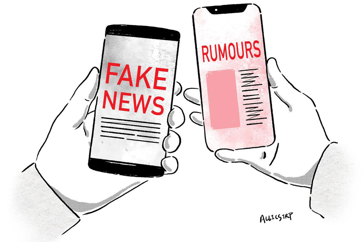 Illustration of two hands holding digital devices with the text FAKE NEWS and RUMOURS displayed in big red letters