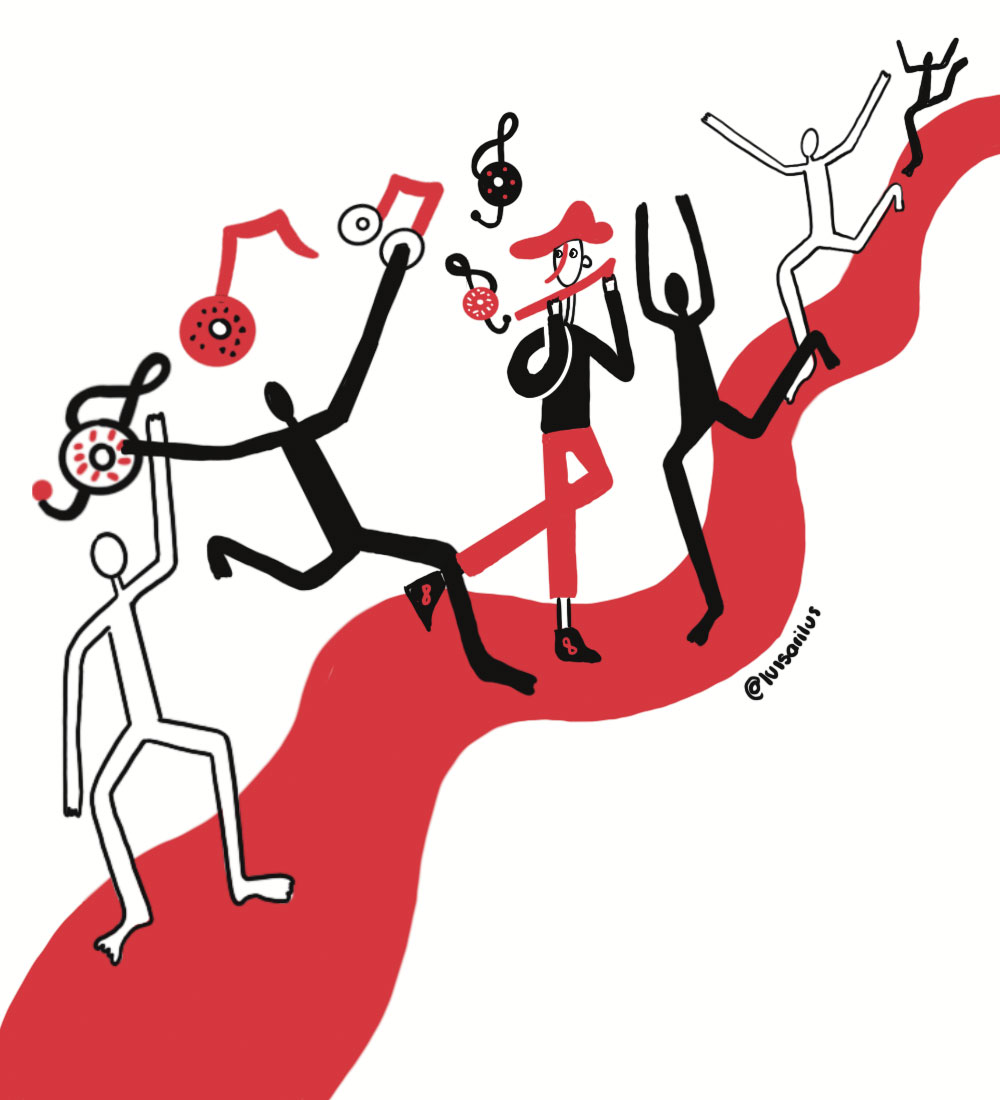 Quirky illustration of people enjoying the music of a flutist