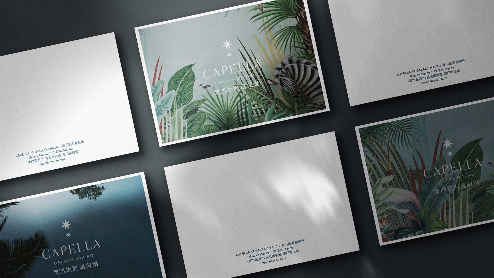 Capella at Galaxy Macau postcards illustrated with tropical foliage